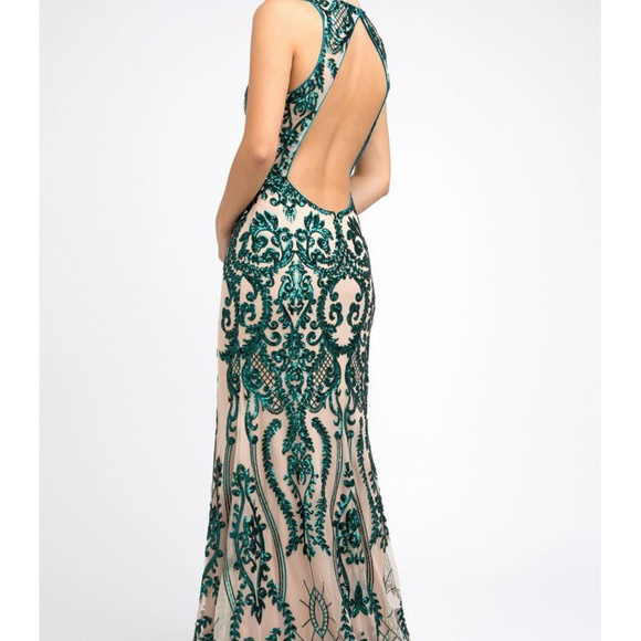 Sequined Open Back Prom Nude-Green Dress JT243 - Picture 3 of 5